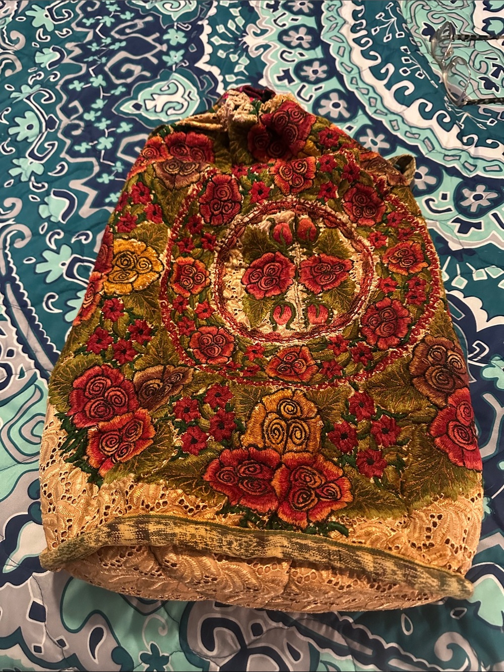 Vintage Floral Banjara Embroidered Drawstring Art Backpack